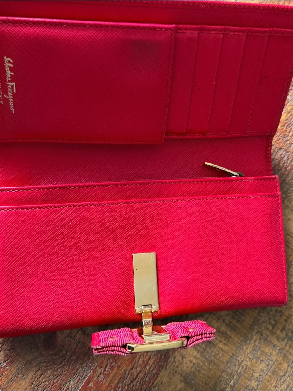 Salvatore Ferragamo Bright Red Vara Bow Leather Wallet with Gold Hardware